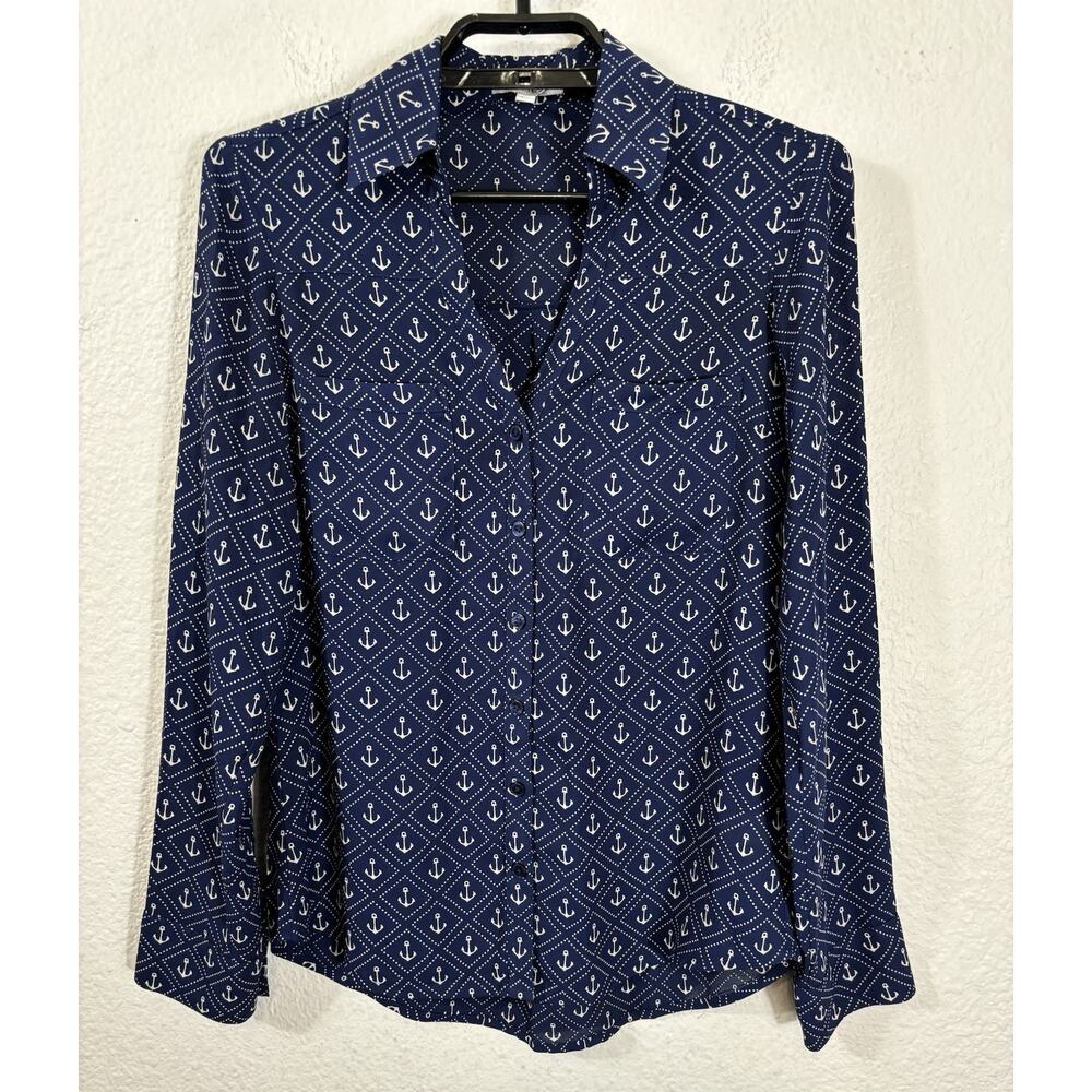 Express Portofino Top Size XS Navy Blue Anchor Nautical Long Sleeve‎ Polyester